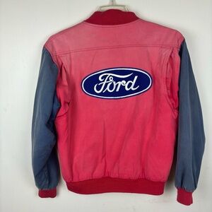 Vintage red & blue baseball style jacket with FORD/motorsports patches-small